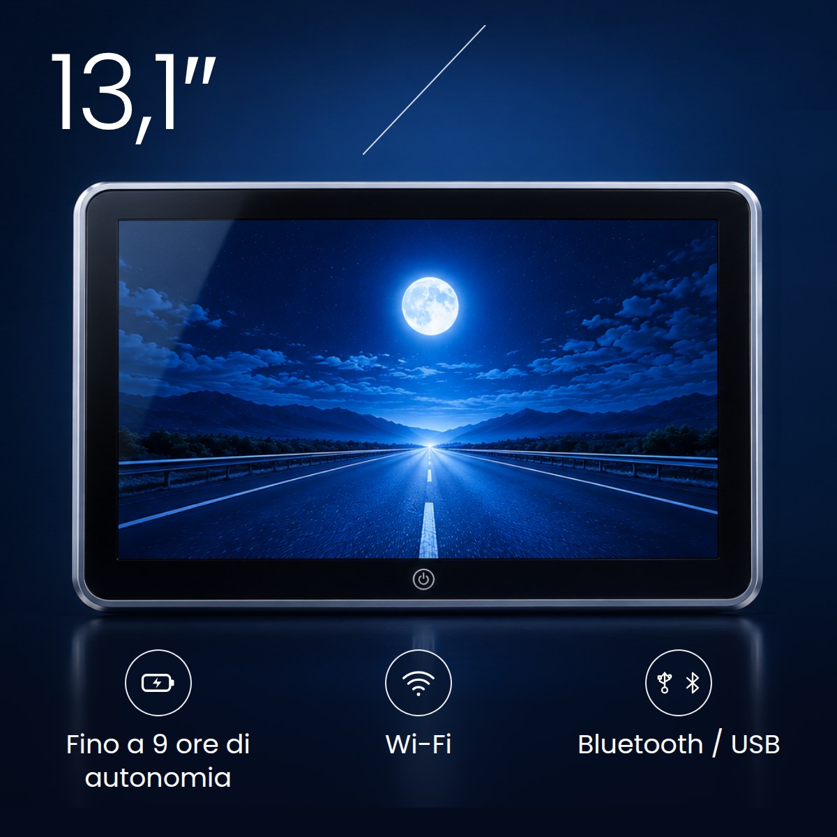 Schermo da 13,1″: fino a 9 ore di autonomia, Wi-Fi, Bluetooth e USB