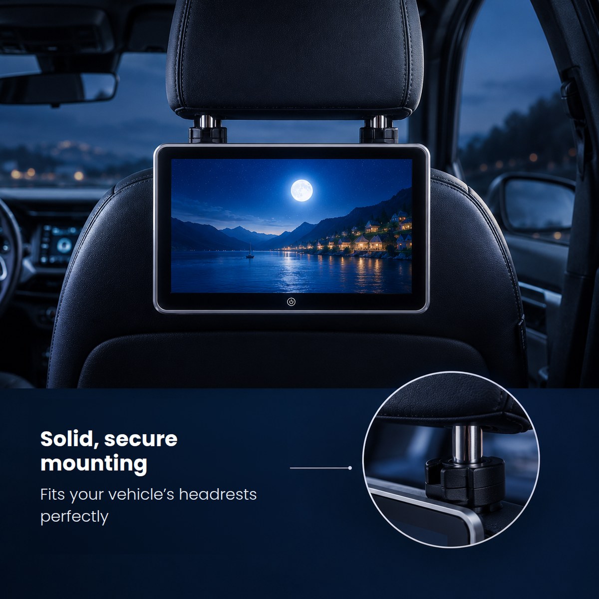 The screen hooked onto the two metal posts of a headrest, with a close-up of the mount