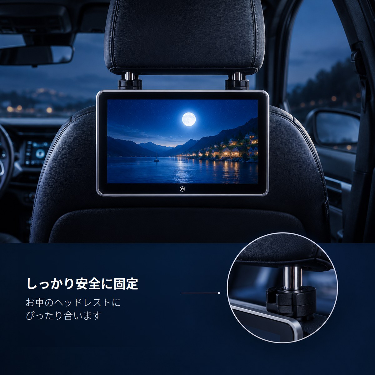 ヘッドレストの 2 本の金属支柱に掛けたモニターと、固定部分の拡大